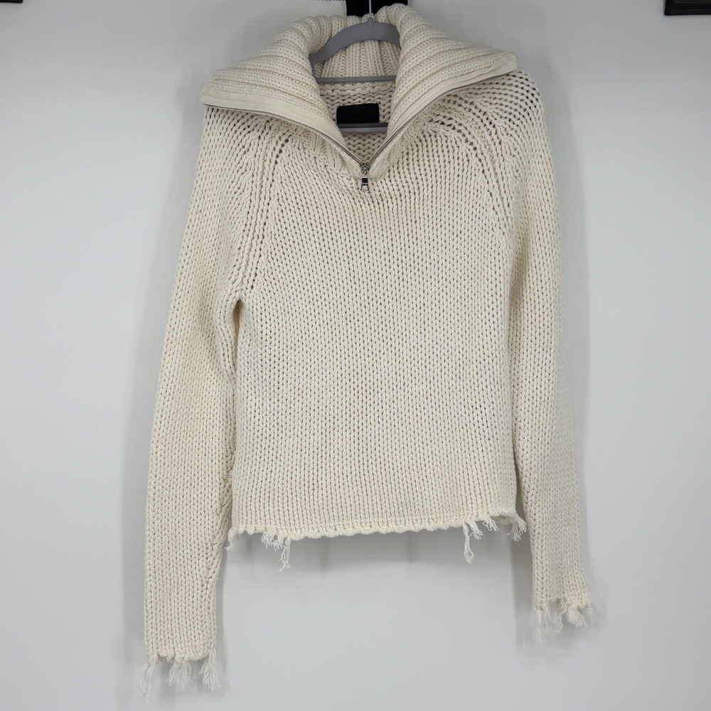 RtA Dom Distressed Chunky Knit Quarter Zip Sweater Cream Small